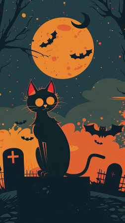 Halloween background with black cat sitting on grave. Vector illustration.のイラスト素材