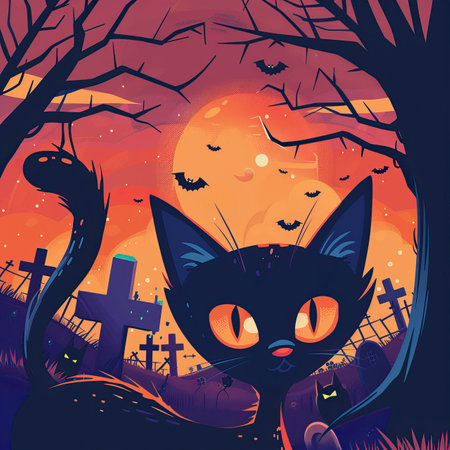 Halloween background with black cat, bats and cemetery. Vector illustration.のイラスト素材