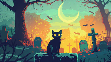 Halloween background with a cat in the cemetery. Vector illustration.のイラスト素材