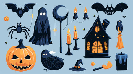 Set of Halloween elements. Vector illustration in flat cartoon style. Isolated on blue background.のイラスト素材