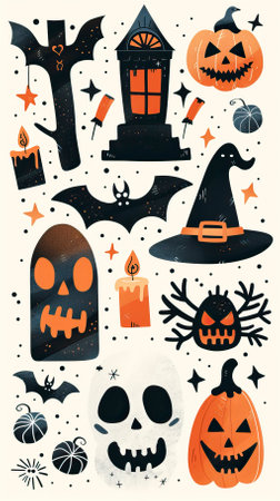 Halloween hand drawn vector illustration. Collection of pumpkins, ghosts, bats, witch hat, candles and other elements.のイラスト素材