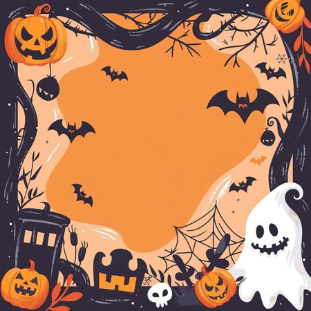 Halloween background with ghost, pumpkins and bats. Vector illustration.のイラスト素材