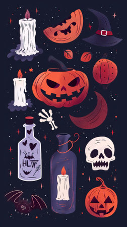 Halloween vector illustration. Set of pumpkins, skulls, candles, potion, bats and other elements.のイラスト素材