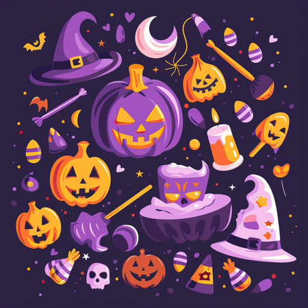 Halloween vector illustration. Set of cute pumpkins, Jack o lanterns, witch hat, candies, broomstick, candy, skull, cauldron.のイラスト素材