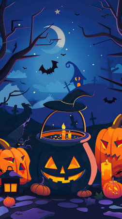 Halloween background with pumpkins, bats and cauldron. Vector illustrationのイラスト素材