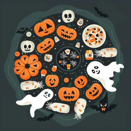 Halloween vector background with pumpkin, ghost, spider, bat, skull.のイラスト素材