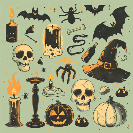 Halloween vector set with pumpkins, witch hat, candles, spiders, ghosts, bats, skull.のイラスト素材