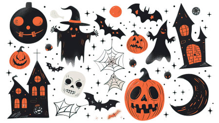 Halloween vector set with hand drawn pumpkins, ghosts, bats, cobwebs, witch's house and other elements.のイラスト素材