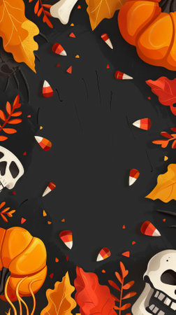 Halloween background with pumpkin, candy and leaves. Vector illustration.のイラスト素材