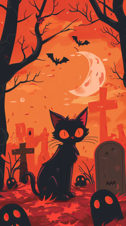 Halloween background with a black cat and cemetery. Vector illustration.のイラスト素材