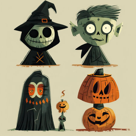 Set of Halloween vector illustrations. Cute cartoon characters in Halloween costumes.のイラスト素材
