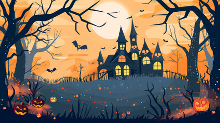 Halloween background with haunted house, pumpkins and bats. Vector illustration.のイラスト素材