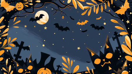 Halloween background with pumpkins, bats and cemetery. Vector illustration.のイラスト素材