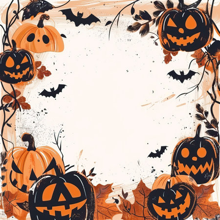 Halloween background with pumpkins, bats and leaves. Vector illustration.のイラスト素材