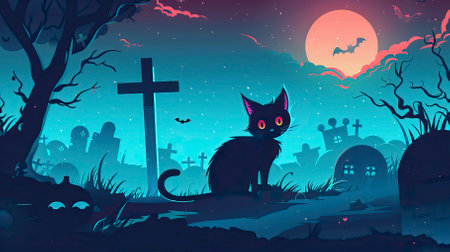 Halloween background with black cat, graveyard and full moon. Vector illustration.のイラスト素材