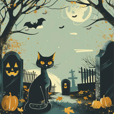 Halloween background with black cat, cemetery and bats. Vector illustration.のイラスト素材