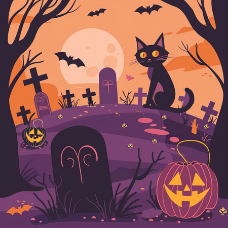 Halloween vector illustration. Cute cartoon black cat sitting on grave in cemetery.のイラスト素材