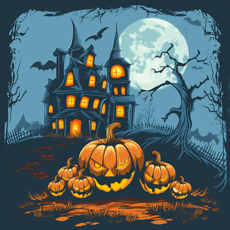 Halloween night background with haunted house, pumpkins and bats. Vector illustration.のイラスト素材
