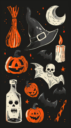 Halloween vector set. Witch hat, potion, pumpkin, bat, ghost, skull, candle.のイラスト素材