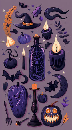 Halloween vector set with pumpkins, candles, witch hat, broom, bats, cauldron.のイラスト素材