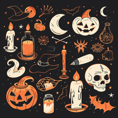 Halloween icons set. Hand drawn illustration of Halloween icons for web designのイラスト素材