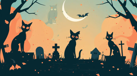 Halloween background with cat, cemetery, moon and bats. Vector illustration.のイラスト素材