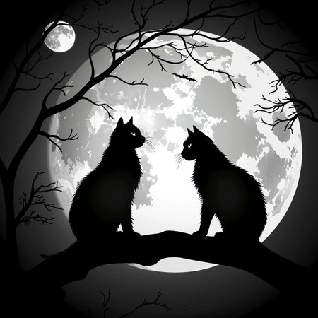 Cat and cat on the background of the full moon. Vector illustrationのイラスト素材