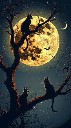 Halloween background with cats on tree and full moon. Vector illustration.のイラスト素材
