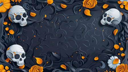 Halloween vector background with skull, flowers and leaves. Halloween illustrationのイラスト素材