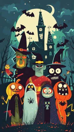 Halloween background with funny monsters. Vector illustration in flat style.のイラスト素材