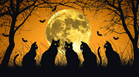 Halloween background with cats silhouettes and full moon. Vector illustration.のイラスト素材