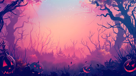 Halloween background with pumpkins in the forest. Vector illustration.のイラスト素材
