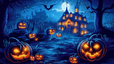 Halloween background with haunted house and pumpkins. Vector illustration.のイラスト素材