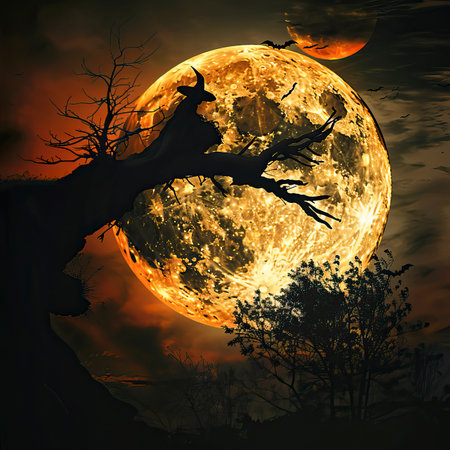 Halloween background with full moon and silhouette of witch on tree.のイラスト素材