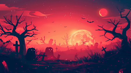 Halloween background with full moon and scary trees, vector illustration.のイラスト素材