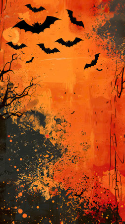 Halloween background with bats on grunge orange background. Copy space.のイラスト素材