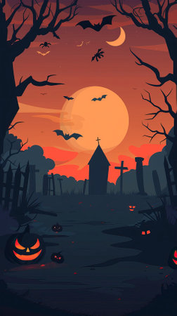 Halloween background with graveyard, pumpkins and bats. Vector illustrationのイラスト素材