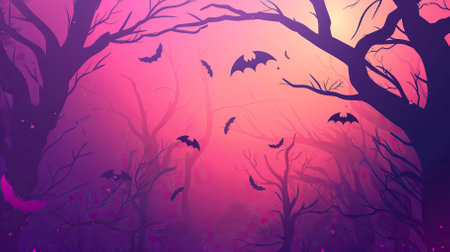 Halloween background with bats flying in the fog. Vector illustration.のイラスト素材