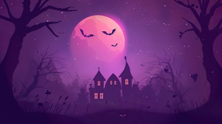 Halloween background with haunted house and full moon, vector illustration.のイラスト素材
