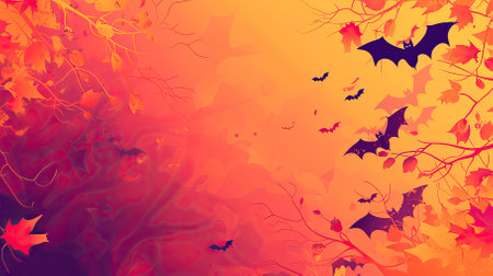 Halloween background with flying bats and autumn leaves. Vector illustration.のイラスト素材