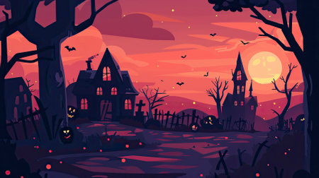 Halloween background with haunted house. Vector illustration in flat style.のイラスト素材