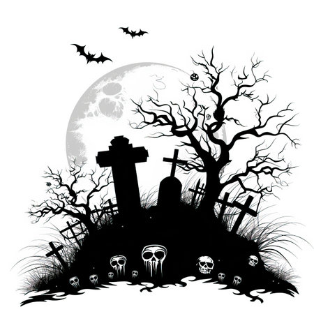 Halloween background with cemetery and full moon. Vector illustration for your designのイラスト素材