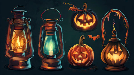 Set of Halloween lanterns, pumpkins and bats. Vector illustration.のイラスト素材