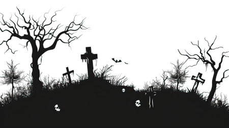Halloween background with graveyard, bats and trees. Vector illustration.