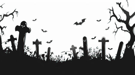 Halloween background with cemetery and bats. Black and white vector illustration.