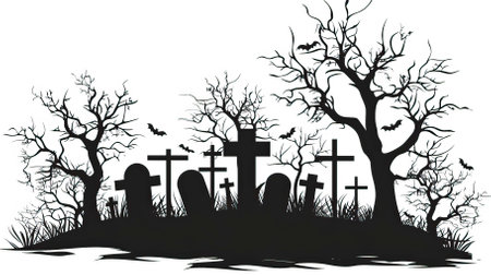 Halloween background with cemetery, bats and tombstones, vector illustration