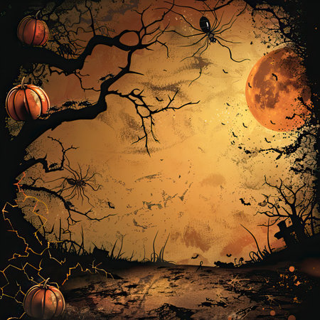 Halloween background with pumpkins, spiders, bats and trees.のイラスト素材