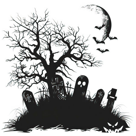 Halloween background with graveyard, tree and bats. Vector illustration.のイラスト素材