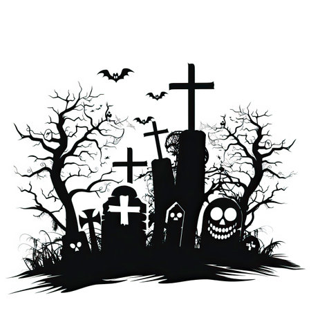 Halloween background with graveyard and bats. Vector illustration for your design