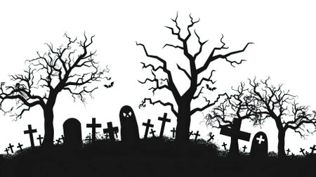 Halloween background with cemetery and tree silhouettes. Vector illustration.のイラスト素材